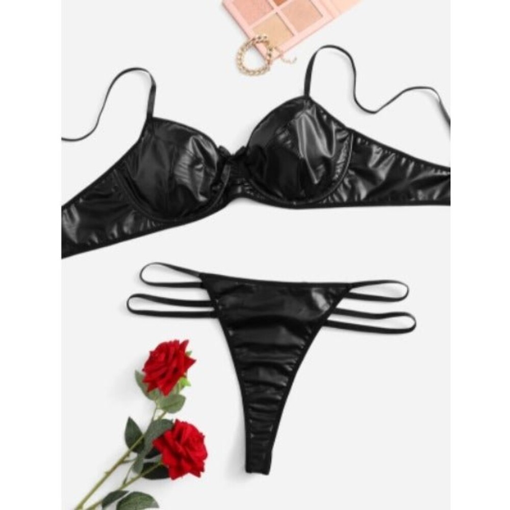 1XL Black PU Leather Underwire Bra & Thong Lingerie Set